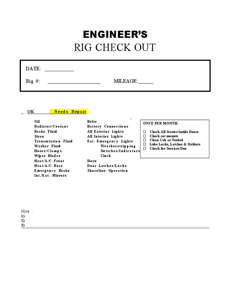 Monthly Engineer's Rig Check List | PDF