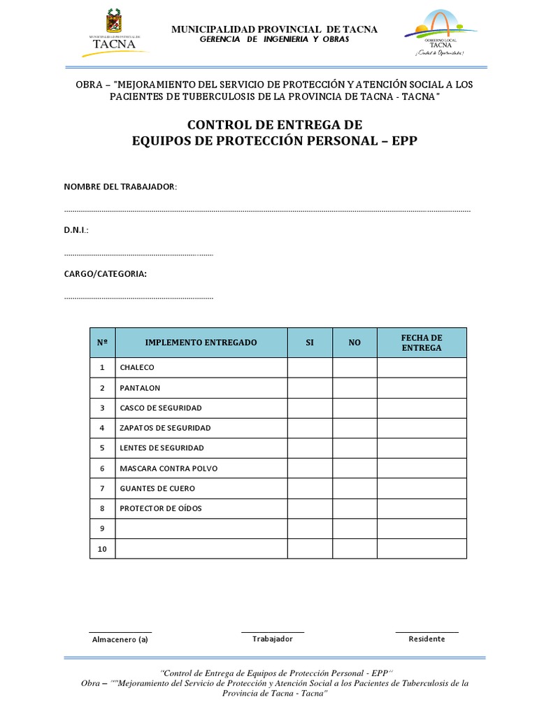 Formato de Control de Entrega de Equipos de Proteccion Personal EPP