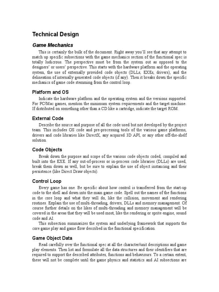 Technical Game Design Document | Subroutine | Object (Computer Science)