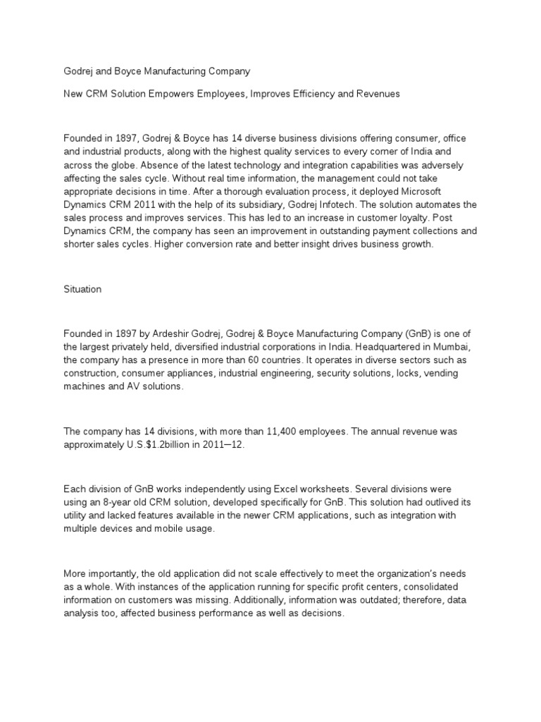 Godrej and Boyce Manufacturing Company PDF Customer Relationship Management Sales