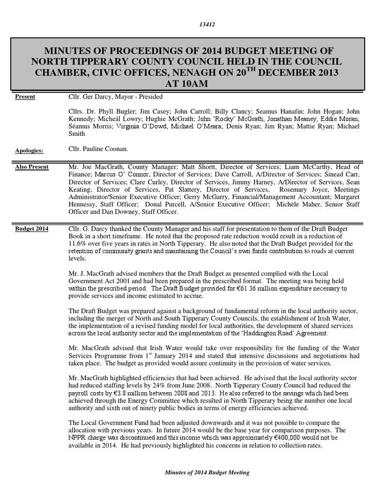 Budget Meeting Minutes 2013 PDF Local Government Republic Of Ireland