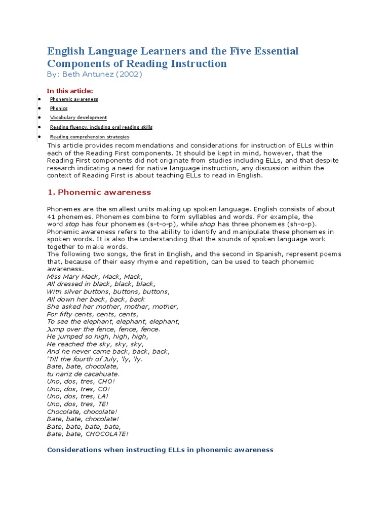 English Language Learners and The Five Essential Components of Reading