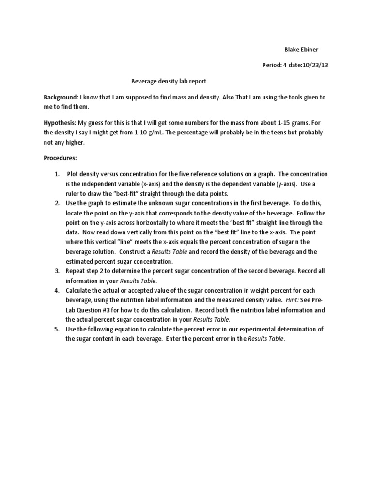 Beverage Density Lab Report PDF Density Cartesian Coordinate System