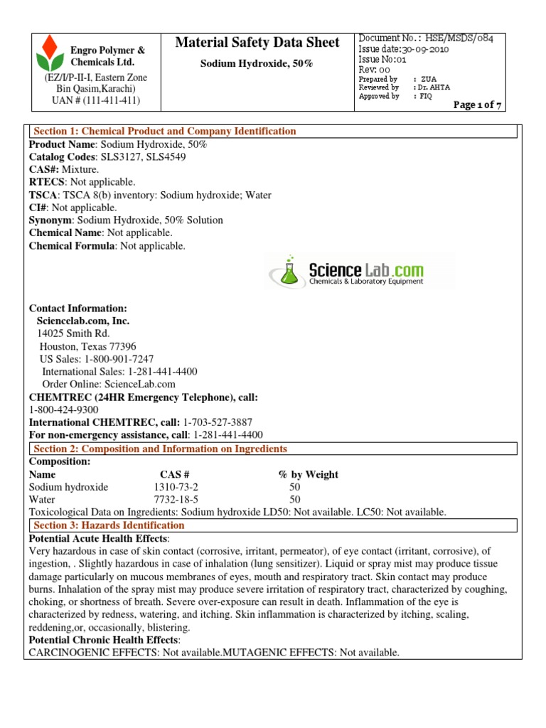 Msds Caustic Soda Sodium Hydroxide Acetic Acid