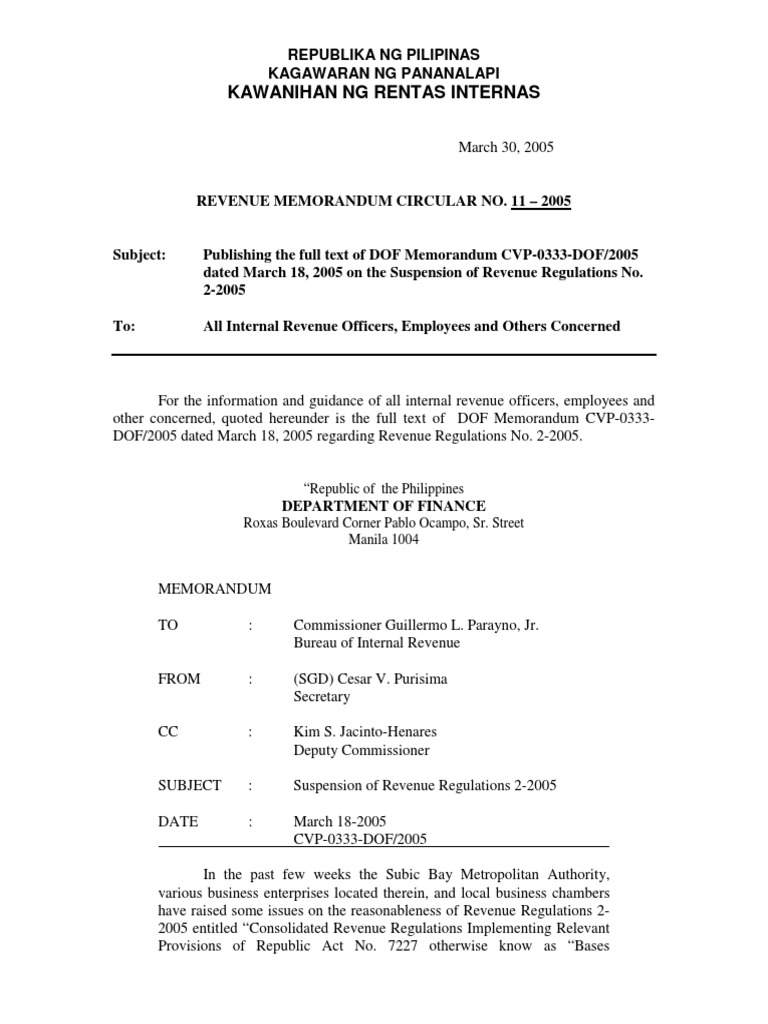 BIR Rev Memo Circ 112005 Memorandum Regulation