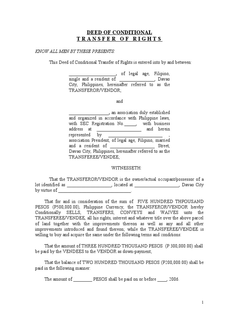 Deed of Conditional Transfer of Rights Civil Law Law