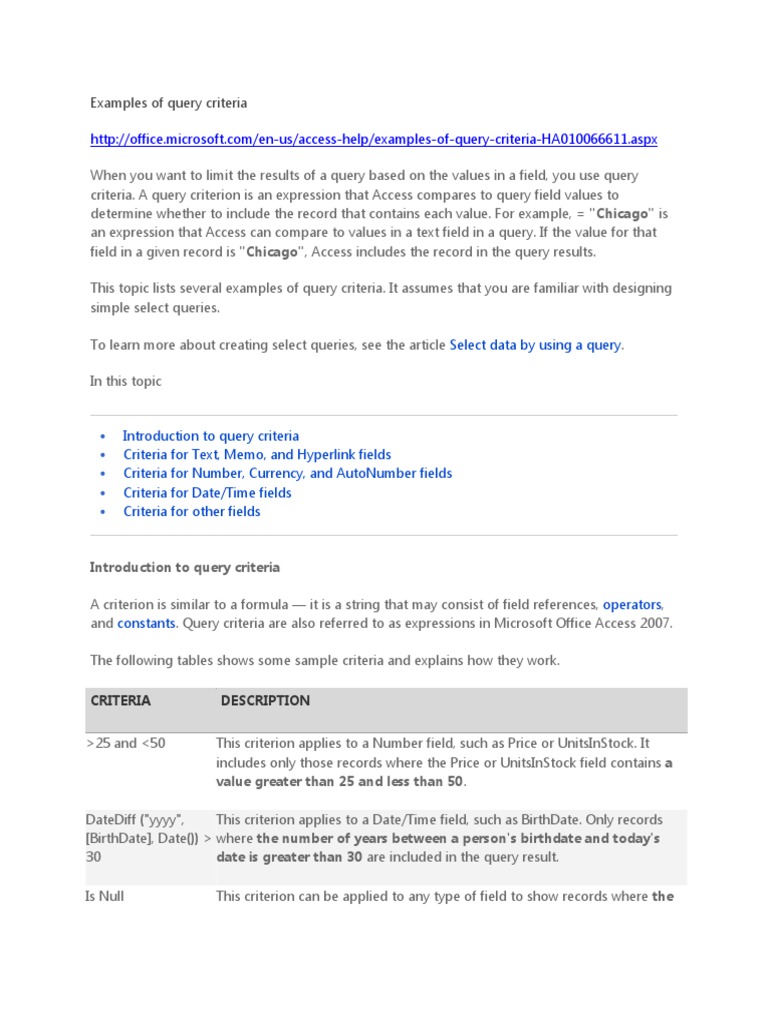 Examples of query criteria in access pdf data type string