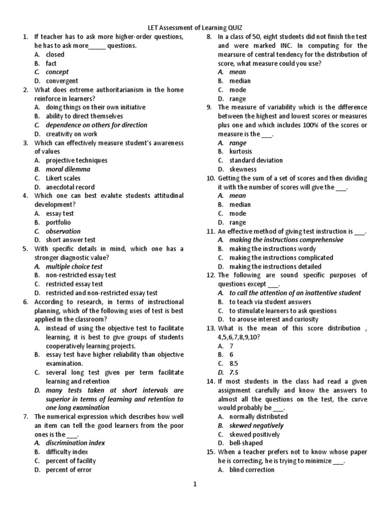 LET Assessment Quiz for Learning 1 & 2 | PDF | Test (Assessment ...