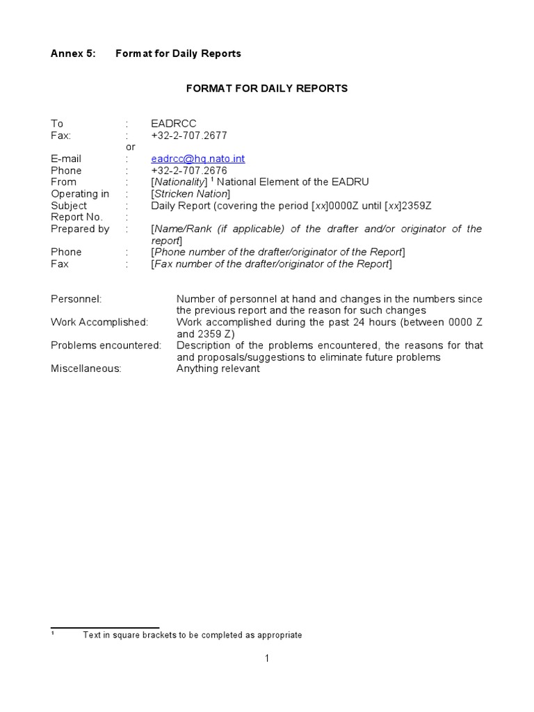 Annex 5: Format For Daily Reports: Eadrcc@hq - Nato.int | PDF