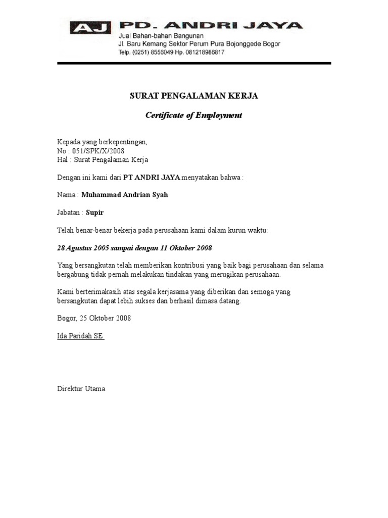 Contoh Surat Pengalaman Kerja  PDF