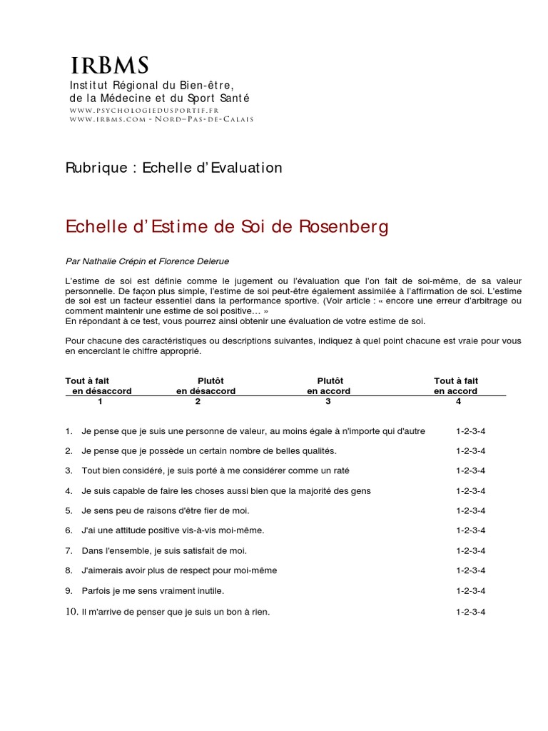 Echelle Estime De Soi De Rosenberg