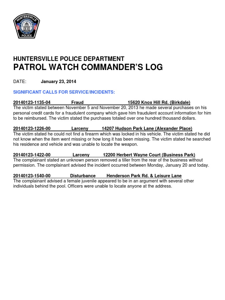 HPD Patrol Watch Log 1-23-14 Day | PDF