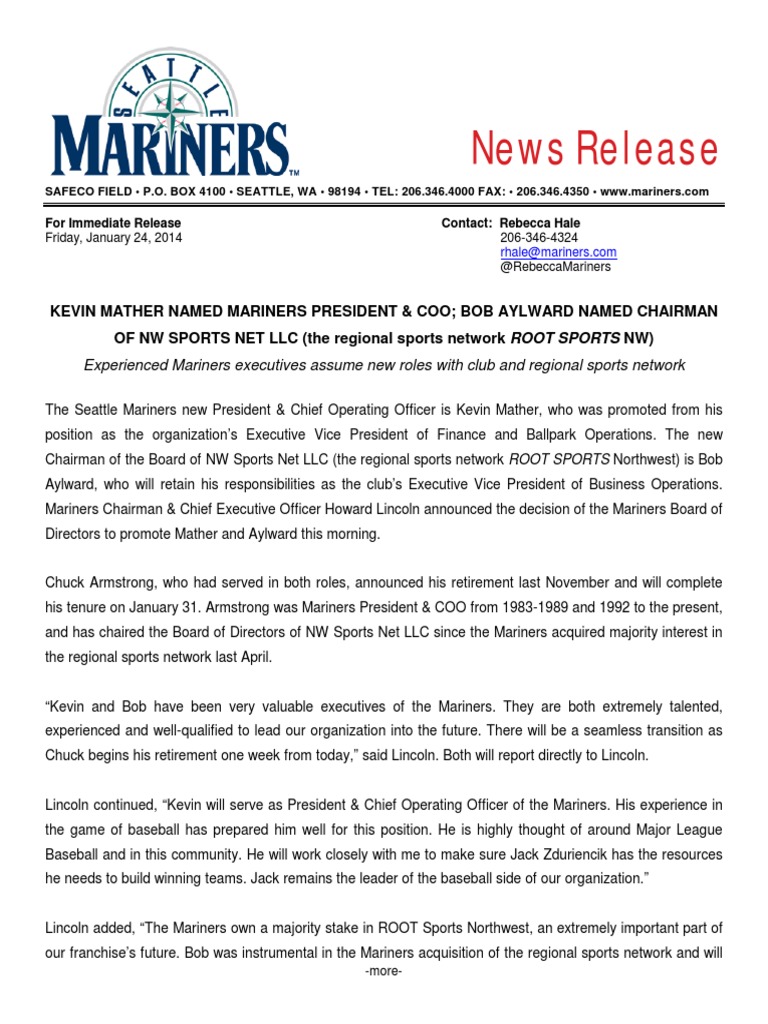 01.24.14 Mariners President-COO - ROOT SPORTS NW Chair ...