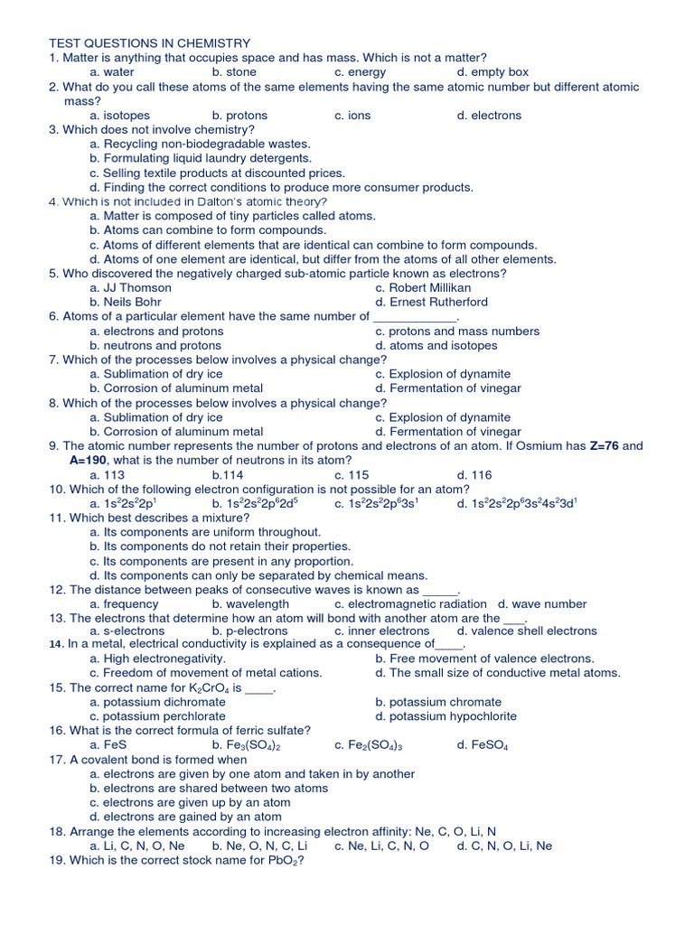 Chemistry Test Questions Overview | PDF | Atoms | Lens (Optics)