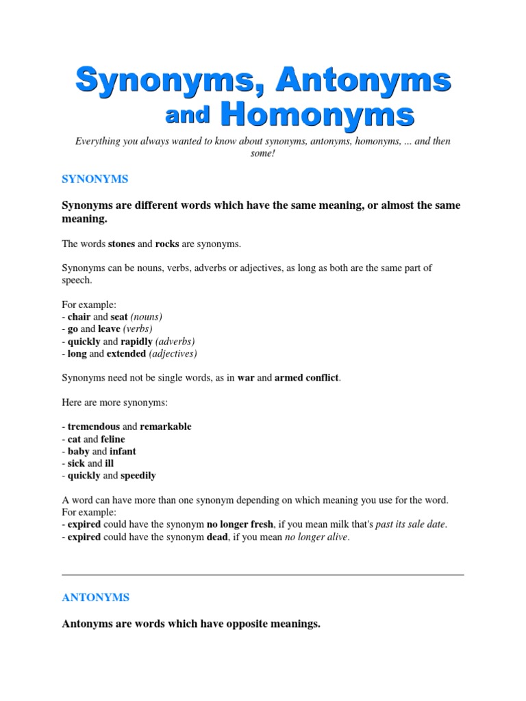 Synonym Adverb Adjective
