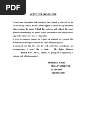 Acknowledgement Branch Head Hdfc Jaipur For Giving Me An - 