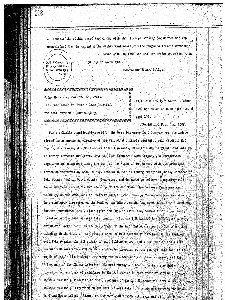 1908 West Tennessee Land Company Deed To Reelfoot Lake Dated Oct