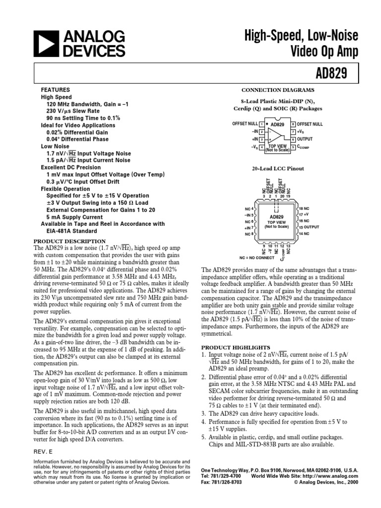 AD829AQ-High Speed Video Opamp | PDF | Amplifier | Electrostatic Discharge