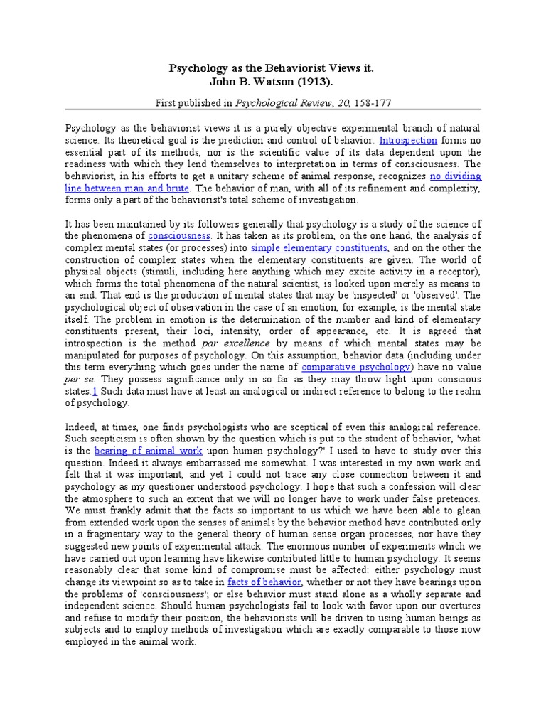 Watson 1913 Psychology As The Behaviorist Views It Pdf Behaviorism Consciousness