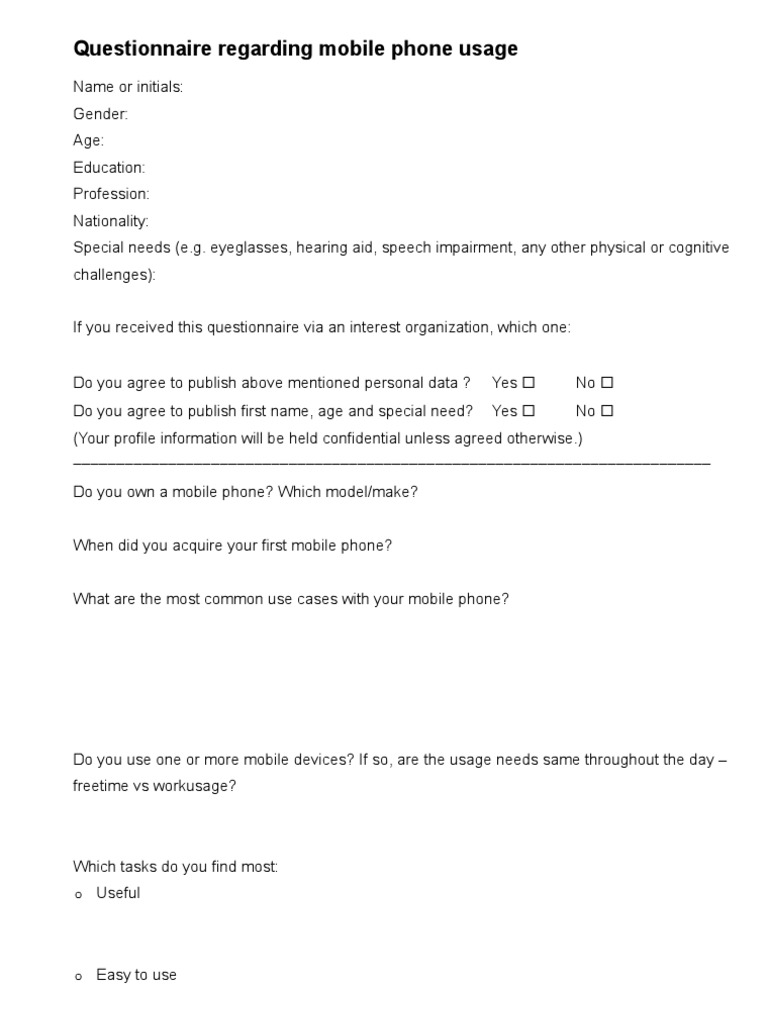 Questionnaire regarding mobile phone usage Mobile Phones Usability