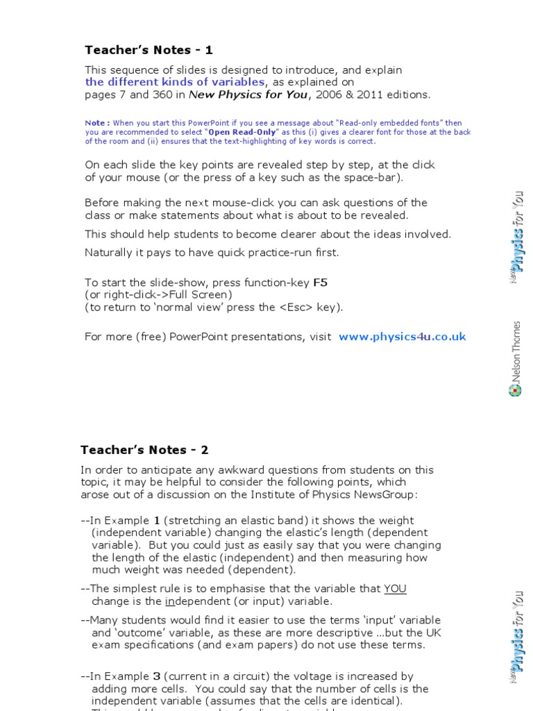 Teacher's Notes 1 The Different Kinds of Variables PDF Resistor