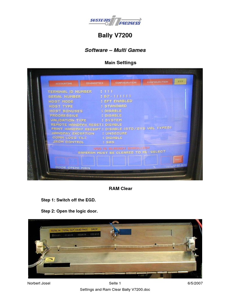 Bally V7200 RAM Clear Instructions | PDF