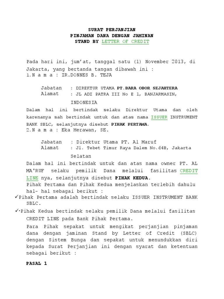 Contoh Surat Perjanjian Ringkas Penanam Modal
