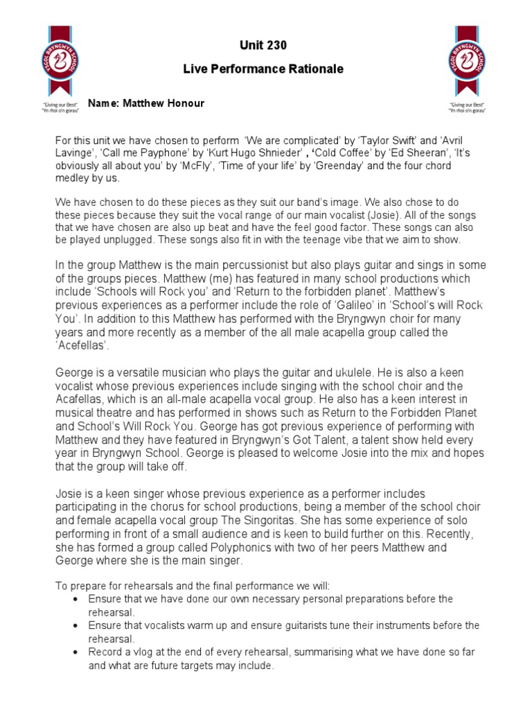 Live Performance Rationale PDF Singing Music Performance