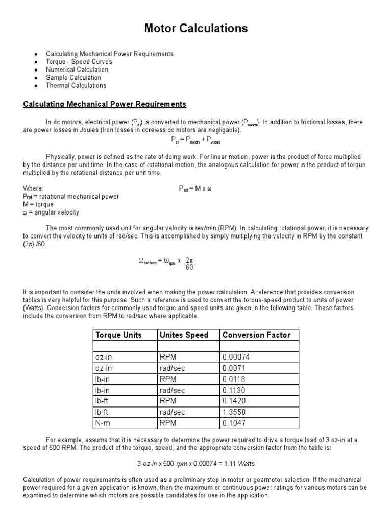 Motor Calculations PDF Power (Physics) Torque
