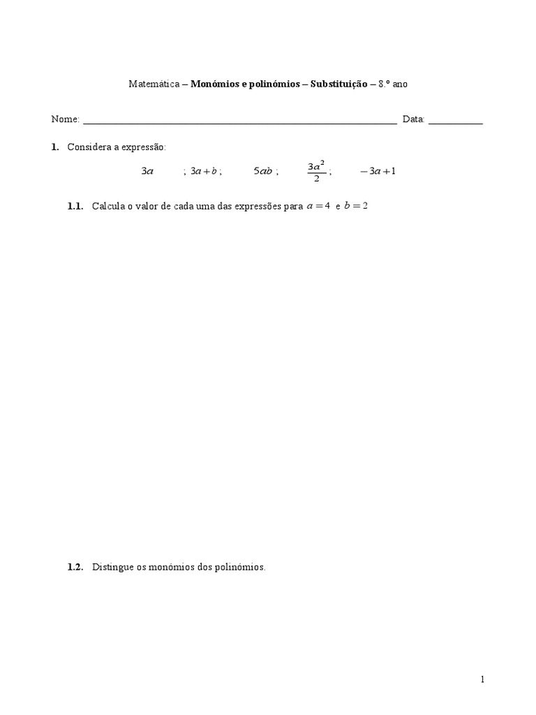 Monómios e Polinómios - Substituição - 8.º Ano - Matemática | PDF
