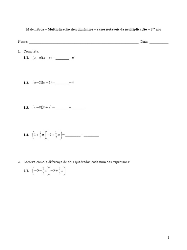Multiplicação de Polinômios: 8.º Ano | PDF | Métodos e Materiais de ...