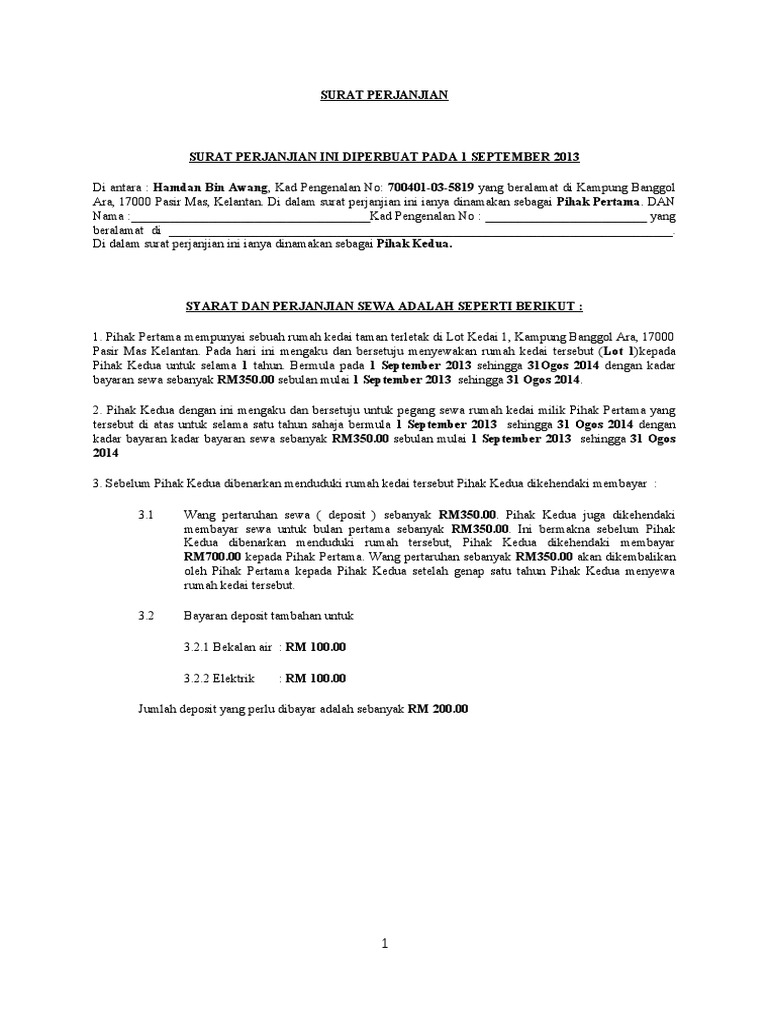 Surat Perjanjian Sewa Kedai  PDF