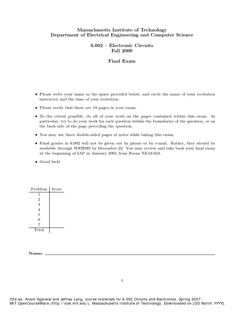 6.002 Final Exam: Circuits & Electronics | PDF