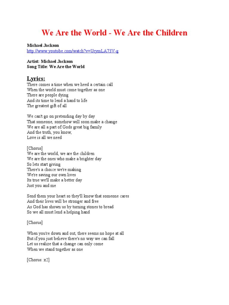 We are the world lyrics pdf