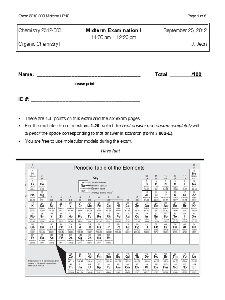 Organic Chemistry I Midterm Exam F'12 | PDF | Conformational Isomerism ...