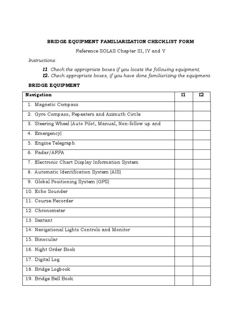 Bridge Equipment Familiarization Checklist PDF