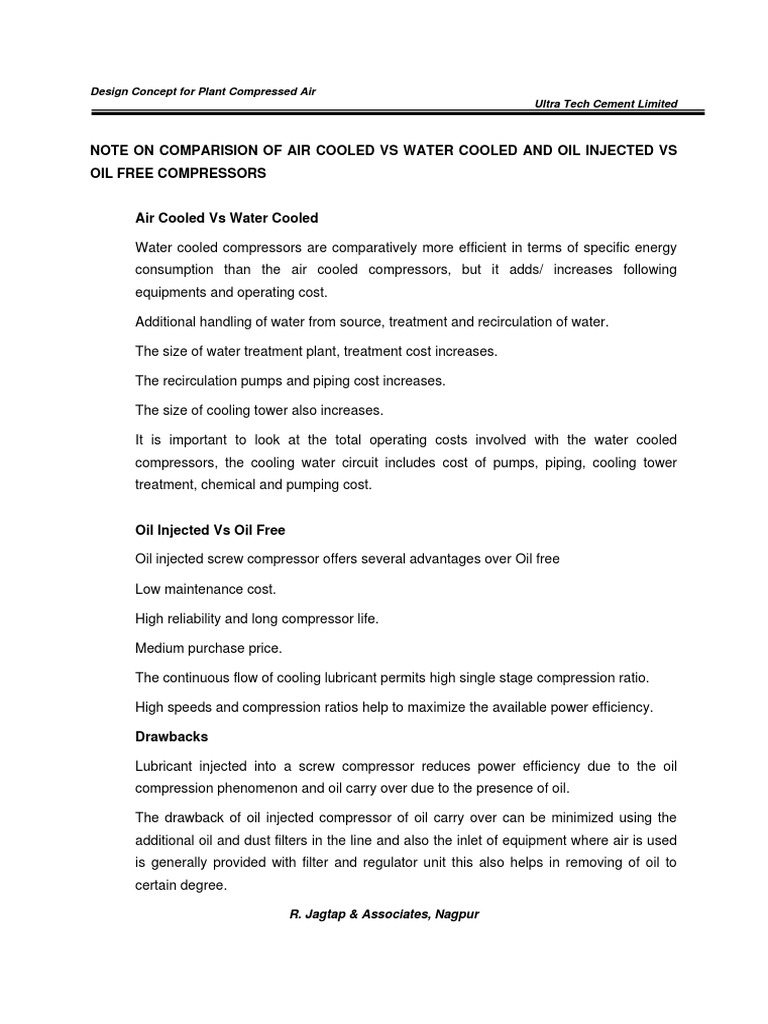 Note On Comparision of Air Cooled Vs Water Cooled and Oil Injected Vs