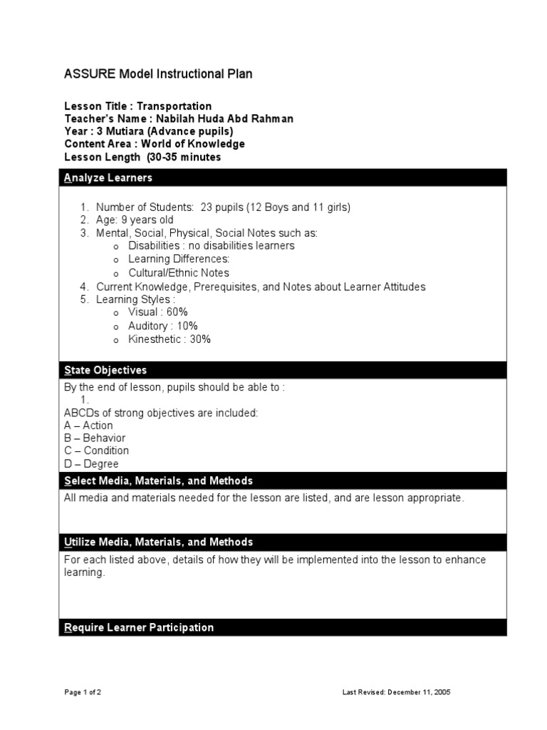 ASSURE Model Instructional Plan | PDF | Career & Growth | Science ...