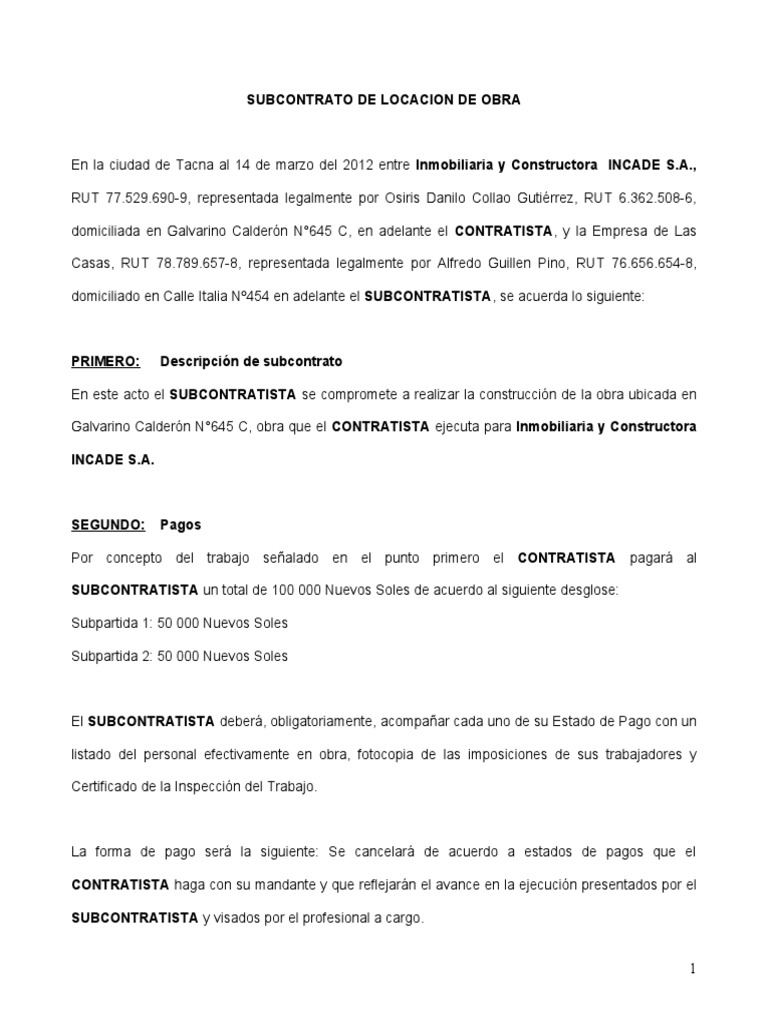SUBCONTRATO Locacion de Obra | PDF | Economía (general) | Business