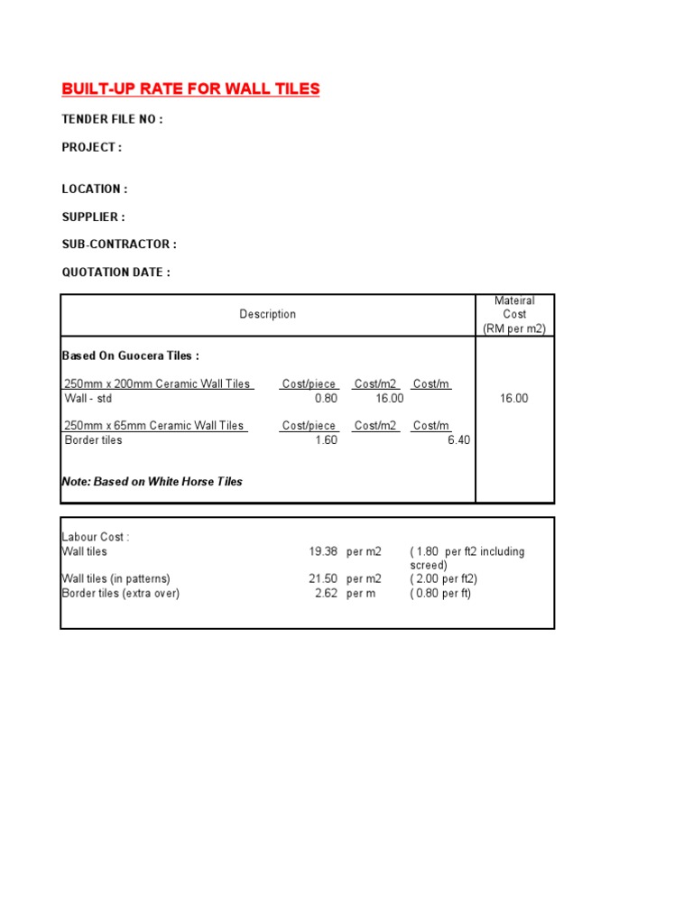 Build Up Rate Format Wall and Floor Tiling Work Architectural