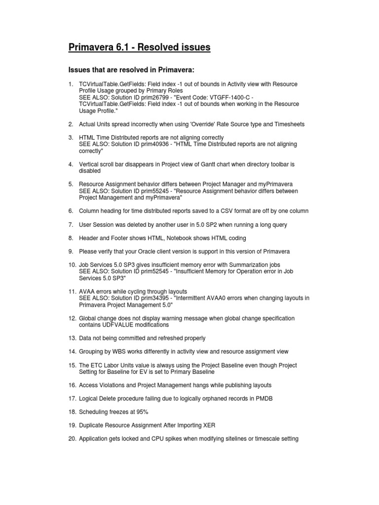 Primavera 6.1 Resolved Issues Overview | PDF | Computer Data | Data ...