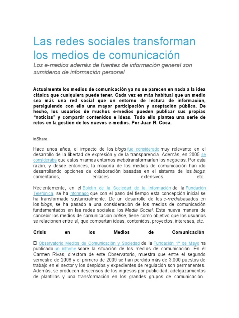 Las Redes Sociales Transforman Los Medios de Comunicación | PDF ...