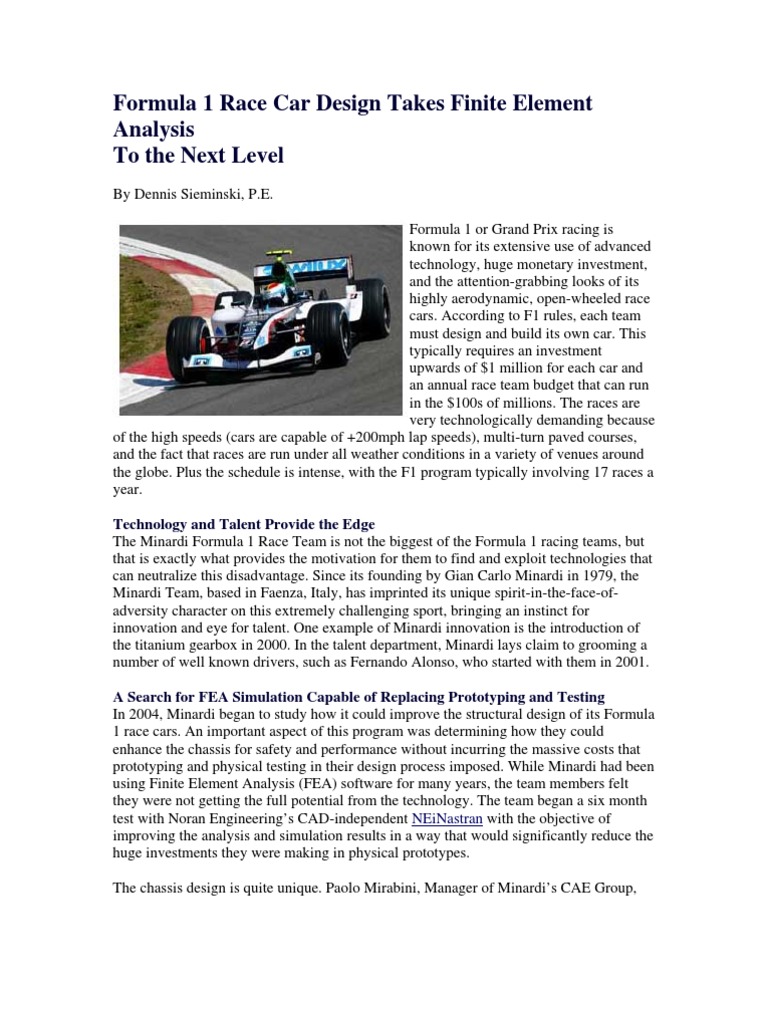 Formula 1 Race Car Design Takes Finite Element Analysis | PDF | Formula ...