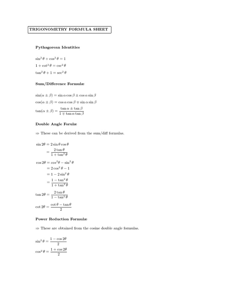 Trigonometry Formula Sheet for Class 12 | PDF