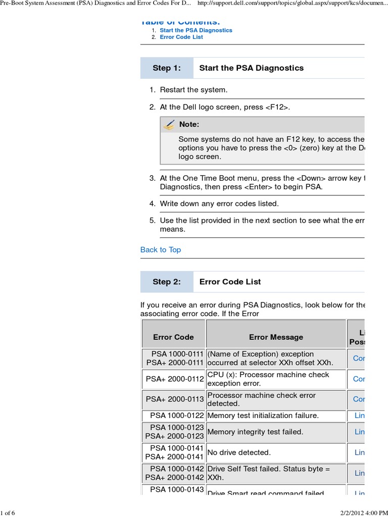 PreBoot System Assessment (PSA) Diagnostics and Error Codes for Dell