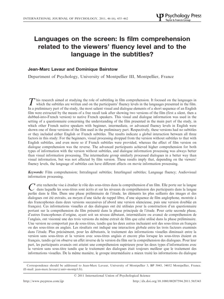 Languages On The Screen Is Film Comprehension | PDF | Reading ...