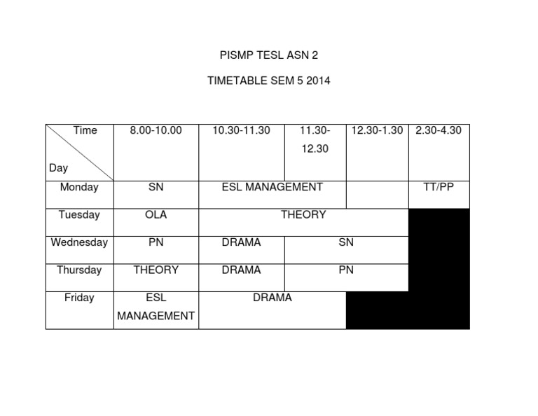 PISMP TESL ASN 2 Semester 5 Timetable | PDF