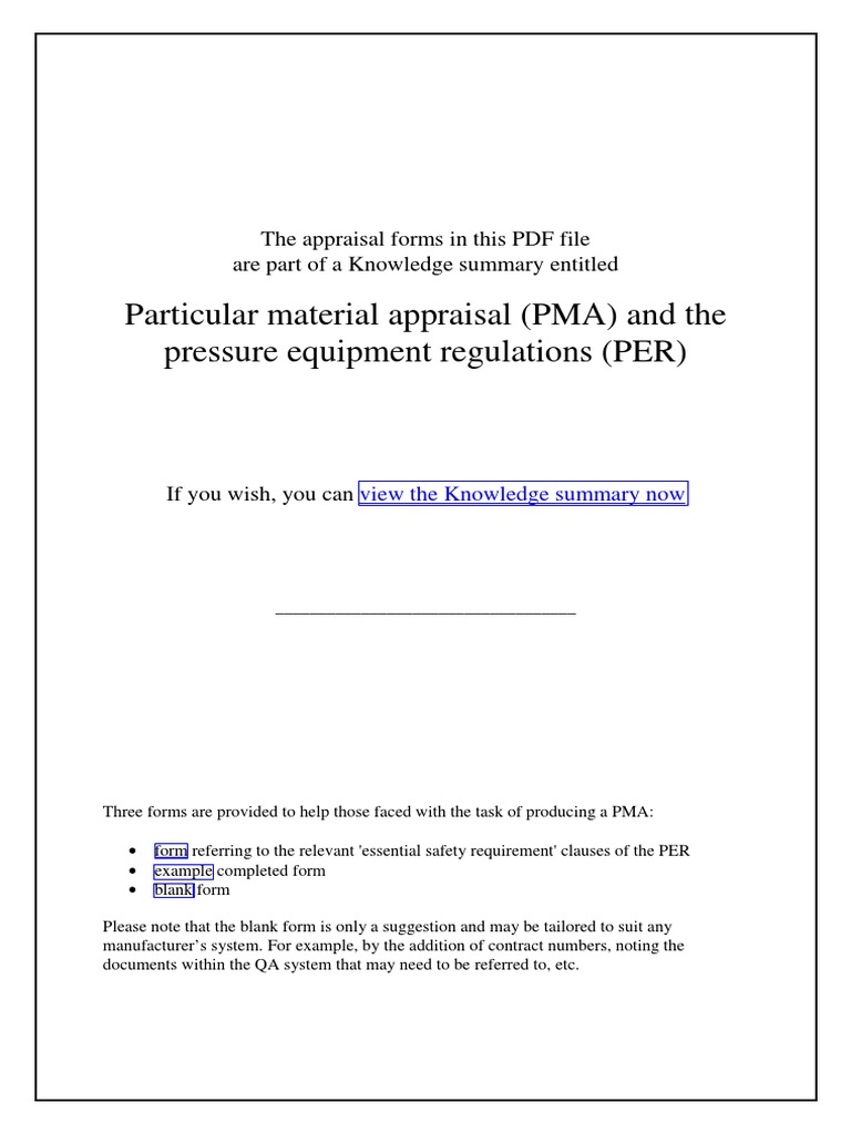 Particular Material Appraisal (PMA) and The Pressure Equipment