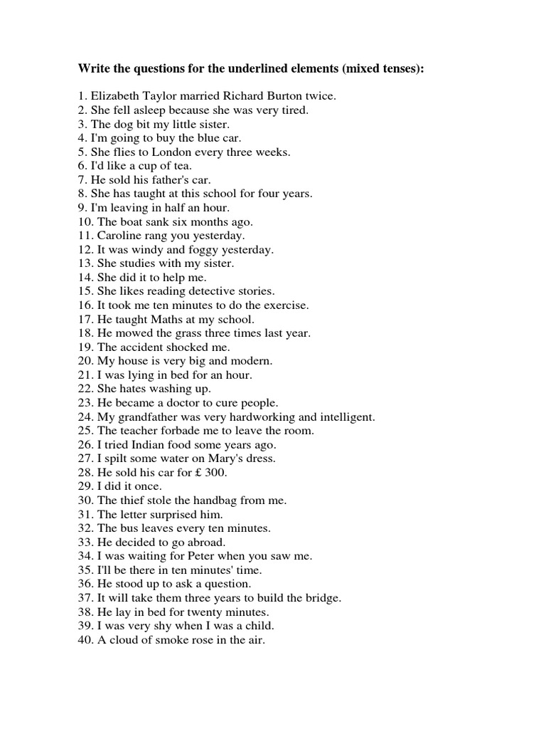 Write The Questions For The Underlined Elements | PDF