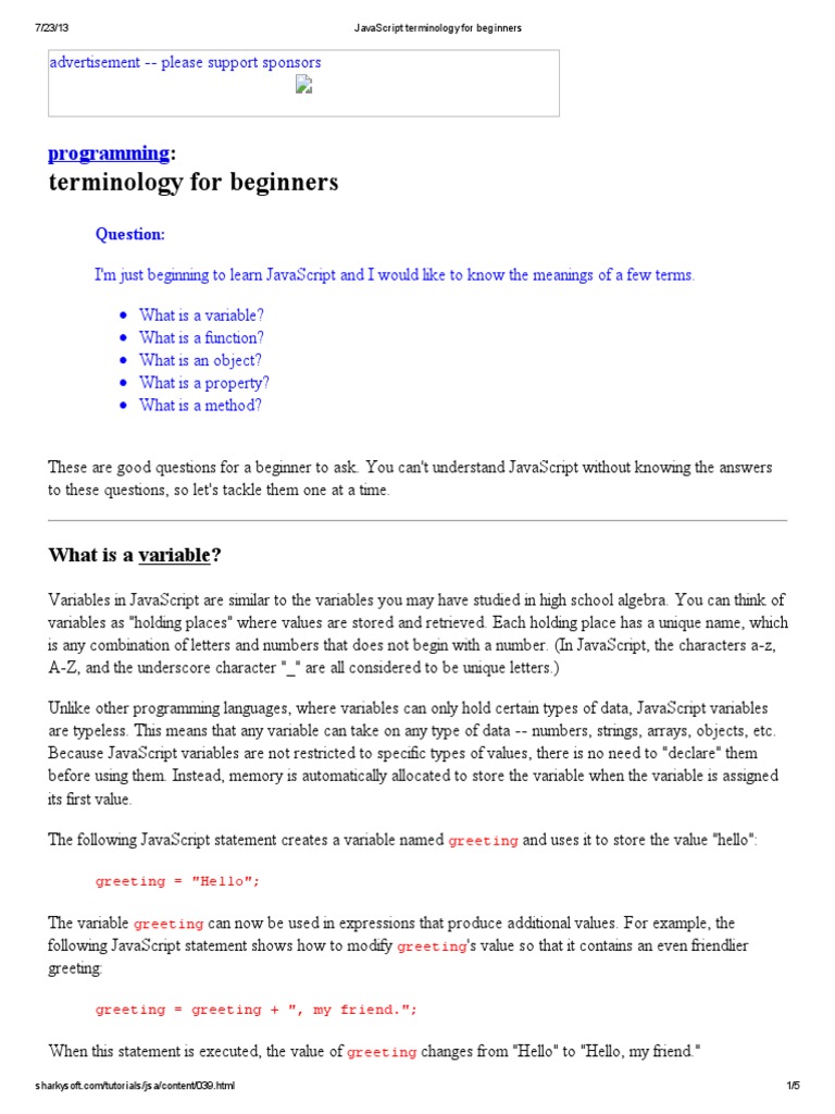 JavaScript Terminology For Beginners PDF Variable Science